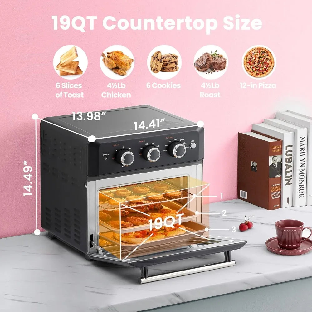 Retro Air Fry Toaster Oven, 7-in-1, 1500W, 19QT Capacity, 6 Slice, Rotisseries, Warm, Broil, Toast, Convection Bake, Black