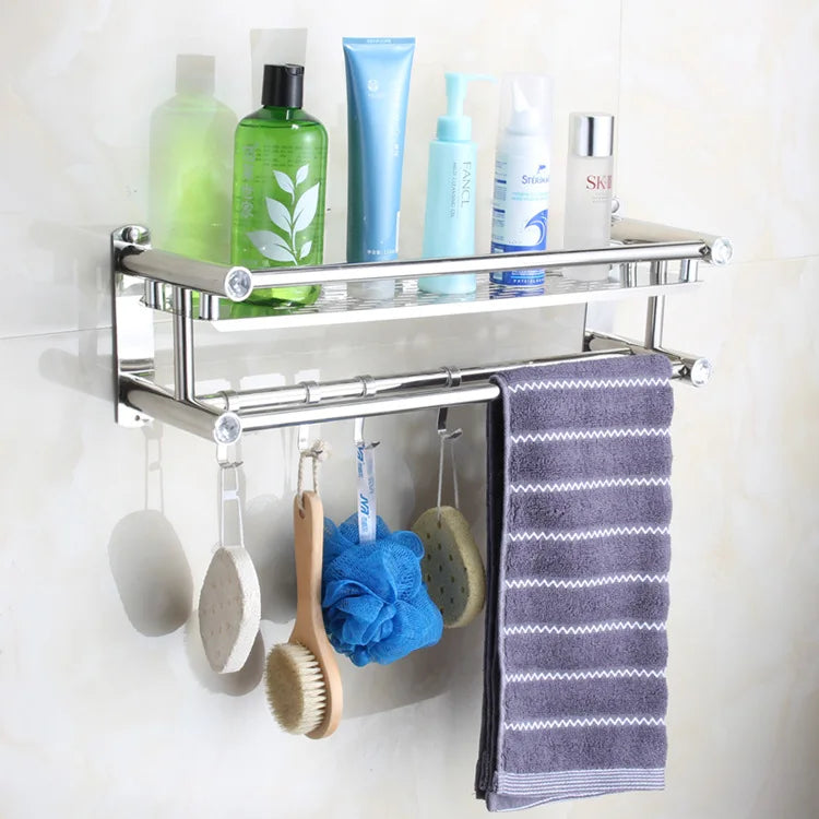 Towel Shelf Punch-free Wall Mounted Towel Rack Movable Stainless Steel Polished Bathroom Storage Organizer Shampoo Holder Basket