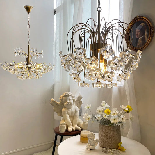 Retro French Pastoral Antique Petal Luxury Glass Iron Chandelier for Living Dining Room Bedroom Home Decoration Light Fixture