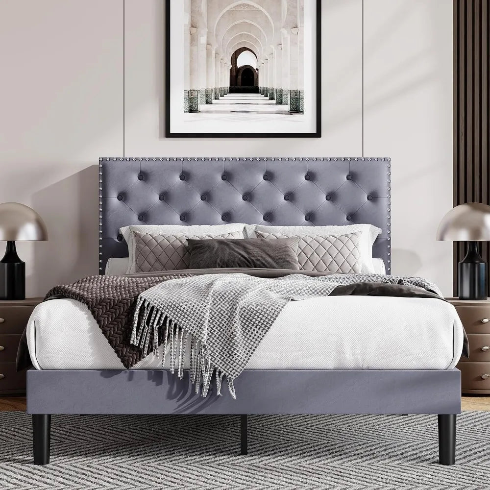 Bedroom furniture full bed frame, velvet upholstered platform bed, no springs required, light grey