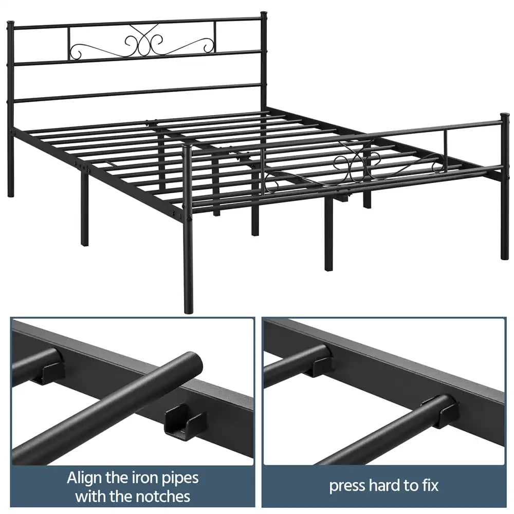 Modern Scroll Metal Platform Queen Bed, Black