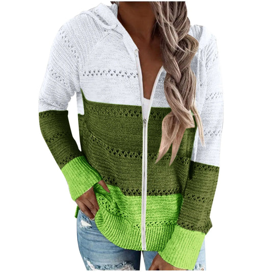 Women'S Patchwork Sweater 2022 Autumn Long Sleeve Zip Up Cardigan Casual Hoodied Female Mesh Tops Ladies Outfit Free Shipping