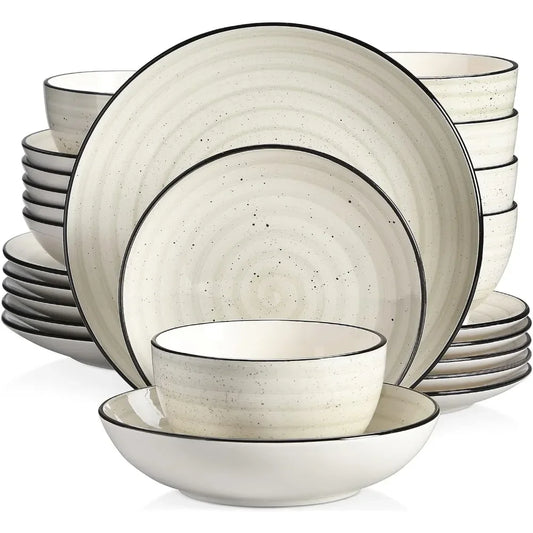 Stoneware Dinnerware Sets 24 Pieces Bonbon Beige Dinner Set, Plates and Bowls Sets with Dinner Plates Pasta Bowls Service for 6