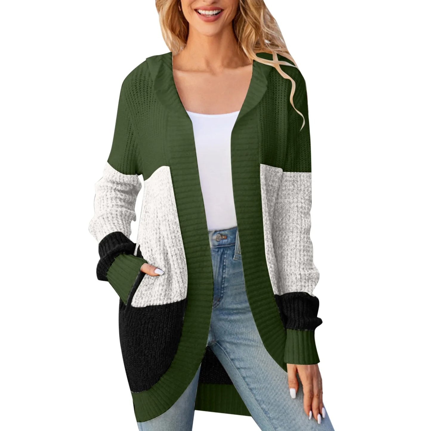 Mid Length Hooded Knitted Tops Cardigan Coat Autumn And Winter Color Contrast Sweaters Casual Outerwear Womens Clothing кардиган