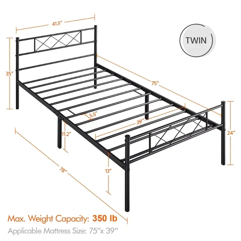 SMILE MART X-Design Headboard & Footboard Metal Twin Bed Frame Black 78" L 41" W 35" H Bedroom Furniture US