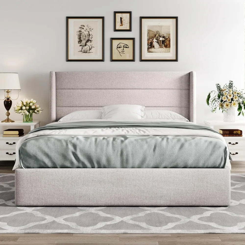 Queen Size Lift Up Storage Bed, Modern Wingback Headboard, No Box Spring Needed, Hydraulic Storage, Light Beige