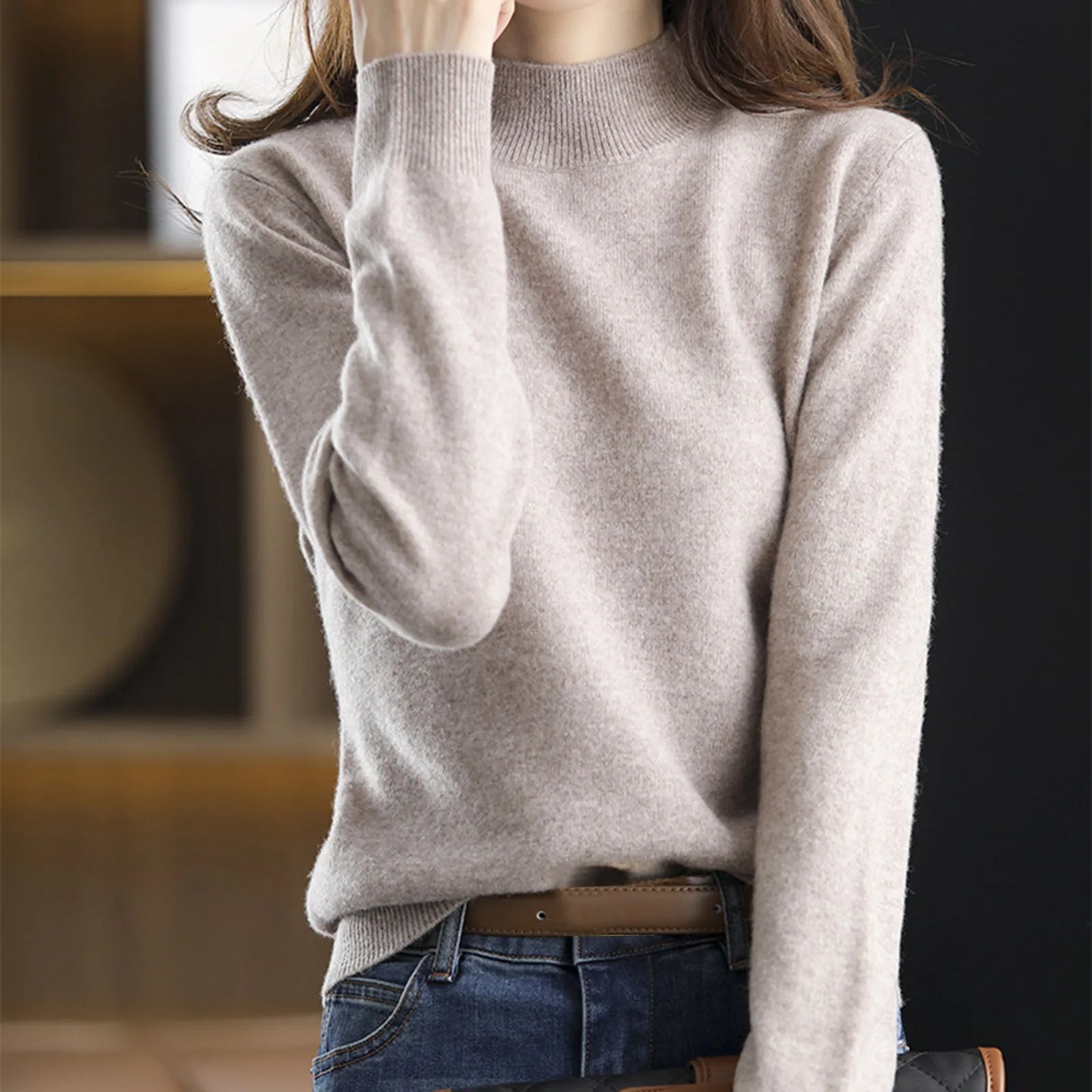 Women's luxury New knit Sweater half high neck Autumn And Winter Pullovers Knitwear Elegant Solid Sweaters women's golf wear