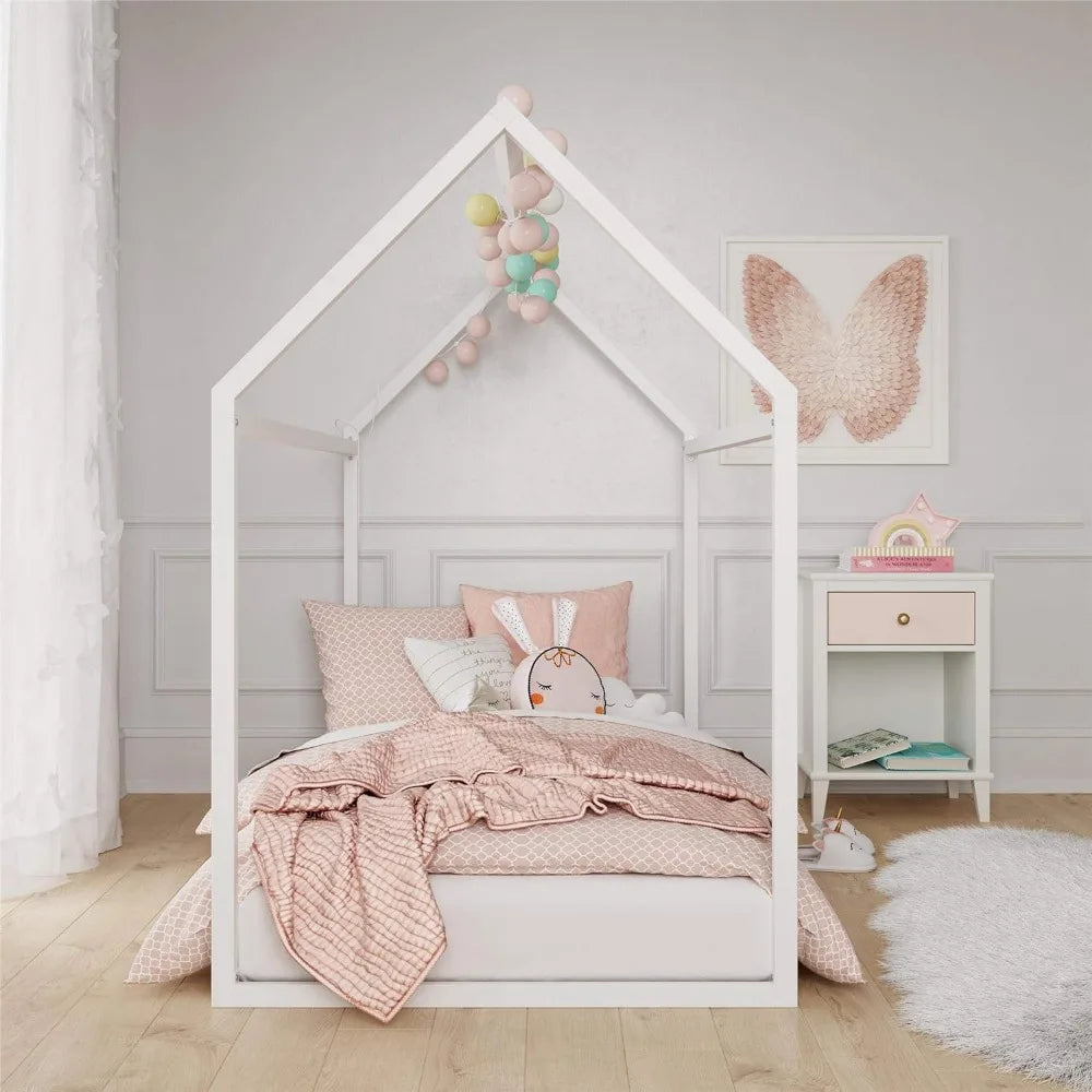 Metal Canopy Frame Children Beds House Floor Bed Frame for Kids and Toddlers Twin Off White