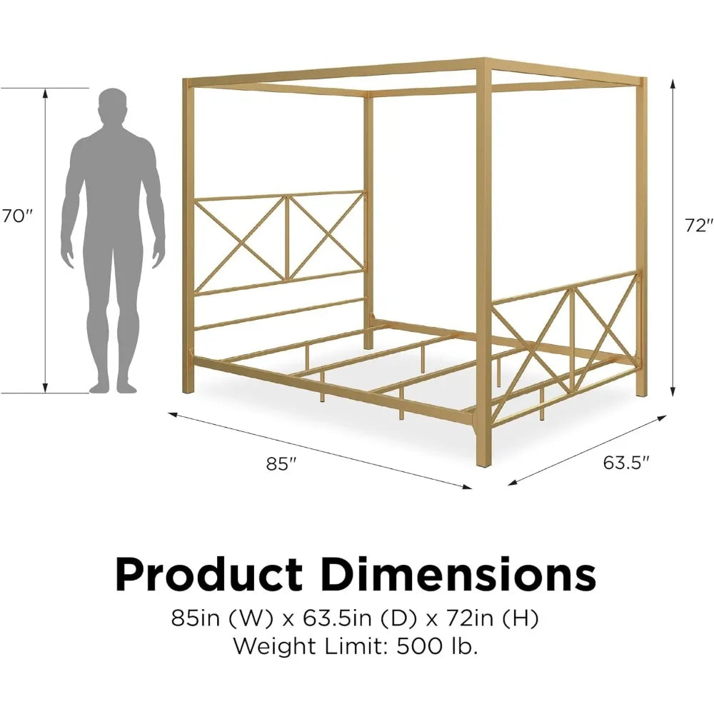 Rosedale Metal Canopy Bed Frame with Four Poster Design and Geometric Accented Headboard and Footboard, Underbed Storage