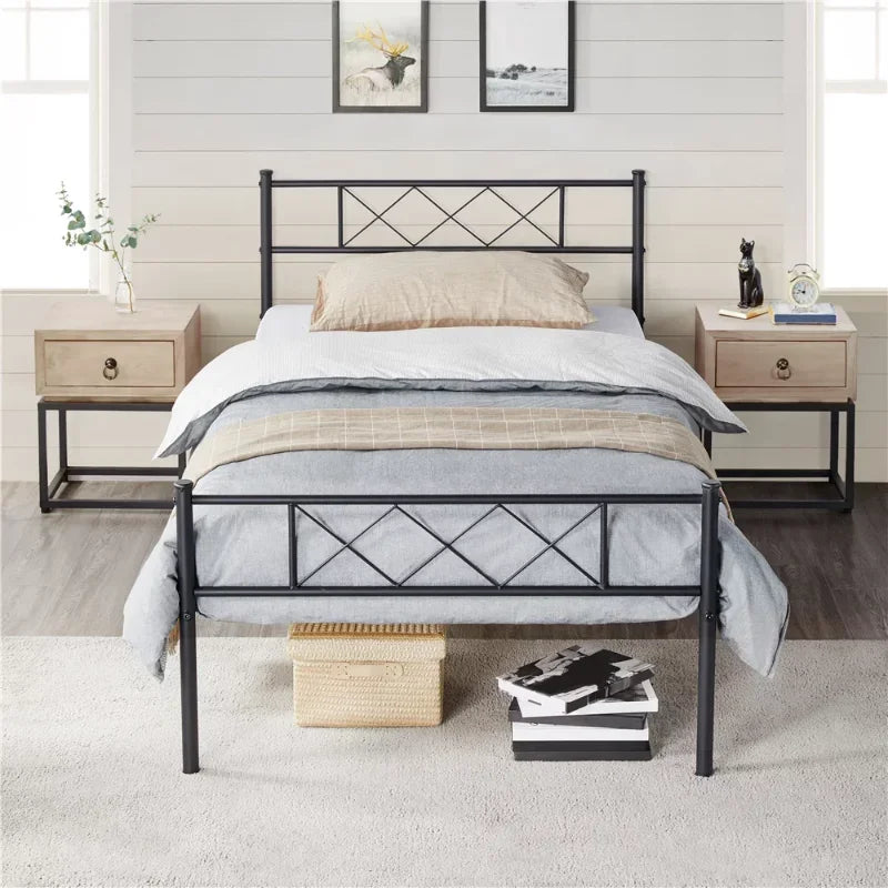 SMILE MART X-Design Headboard & Footboard Metal Twin Bed Frame Black 78" L 41" W 35" H Bedroom Furniture US