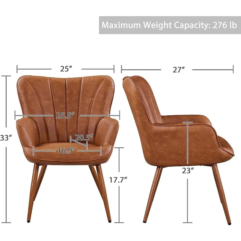 PU Leather Armchair, Modern Accent Chair with Metal Legs, Comfy Upholstered Barrel Chair for Living Room Bedroom Vanity Room