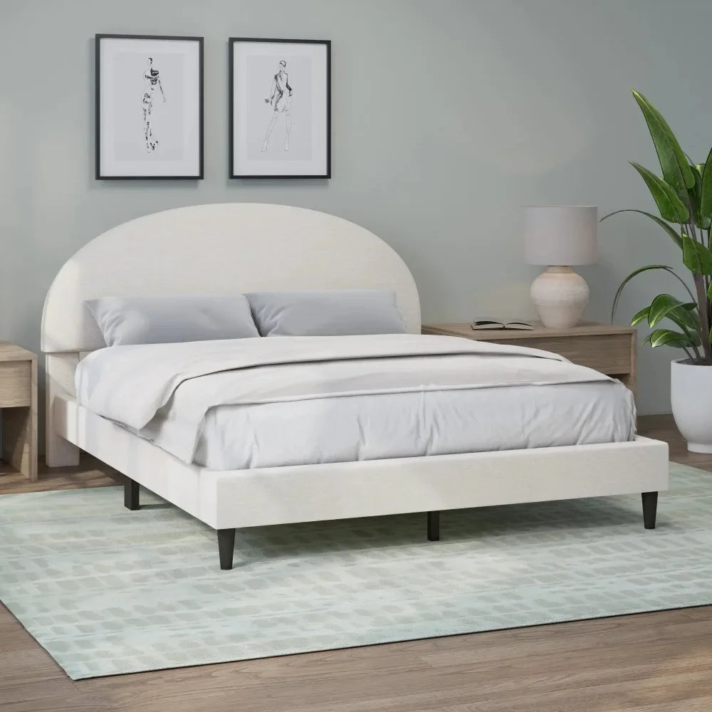 Bed Frame, Hycliff Half Moon Upholstered Queen Platform Bed, Ivory Wooden Fabric Bed Frame