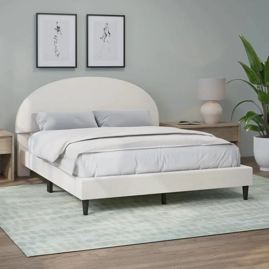 Bed Frame, Hycliff Half Moon Upholstered Queen Platform Bed, Ivory Wooden Fabric Bed Frame