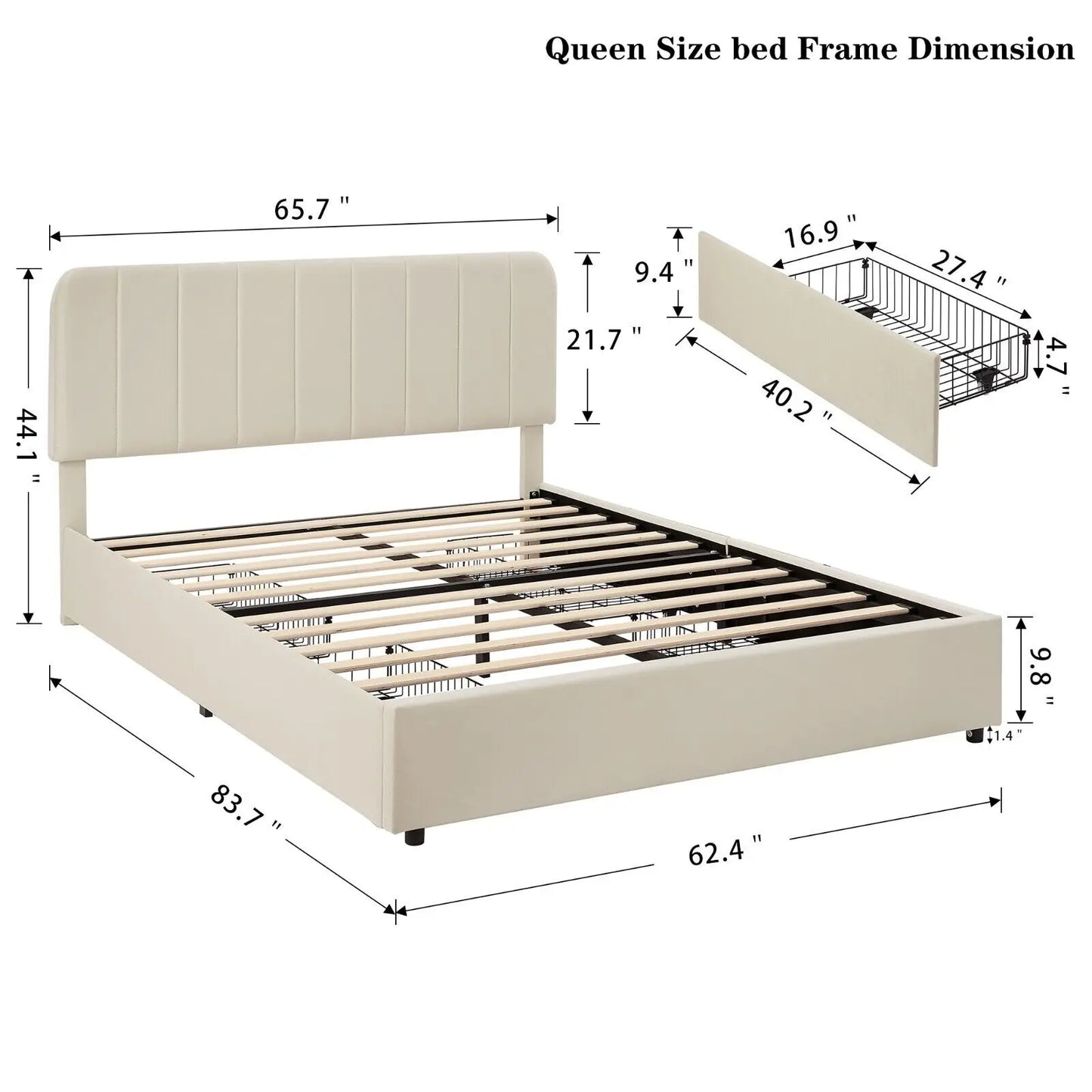 Upholstered Bed Frame + 4 Storage Drawer Platform Queen Size with Headboard for indoor bedroom furniture