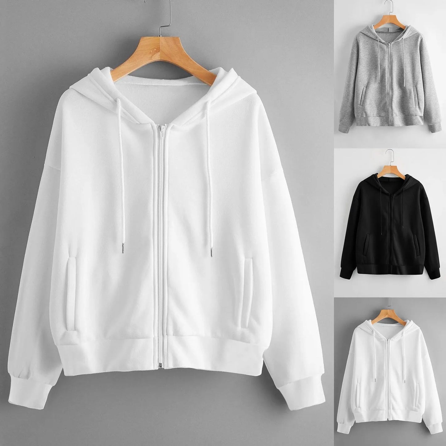 2023 Autum Sweatshirt Long Pocket Zipper Casual Women Top Solid Shirt Sleeve Hooded Women'S Blouse Zip Up Sweat Shirts For Women