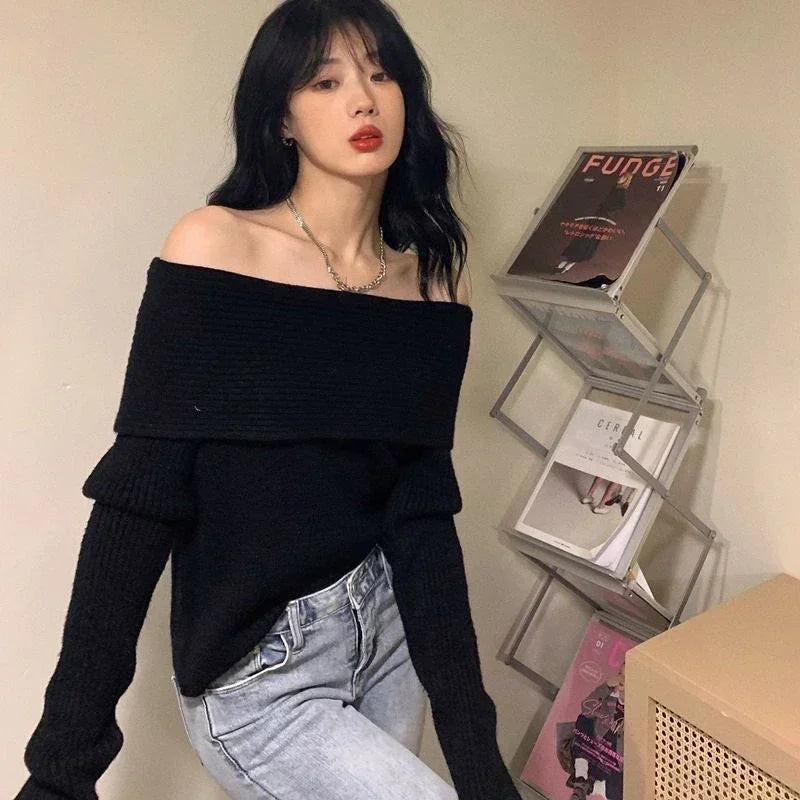 Sweater Women Sexy Off Shoulder Long Sleeve Pullovers Female Korean Fashion Knitwear Autumn Elegant Thicken Slim Jumpers Top