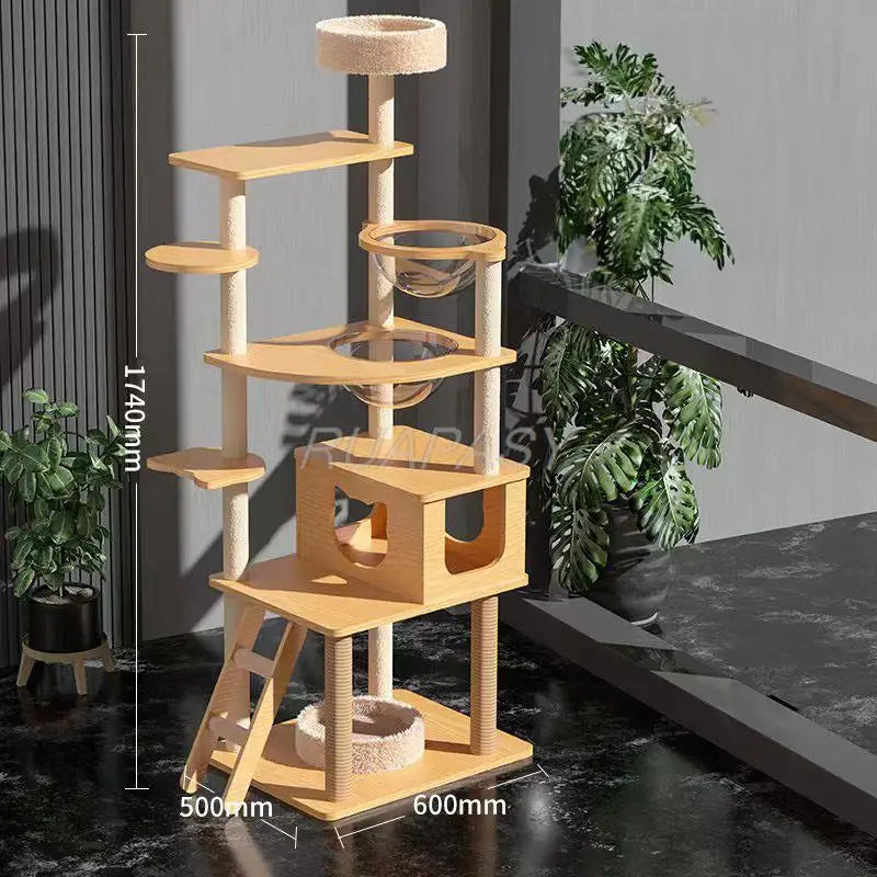 Multi-Level Wood Space Capsule Cat Tree Climbing Toys Post Condo Sisal Cat Tree Shelf Scratching Jumping Platform Perch Tower