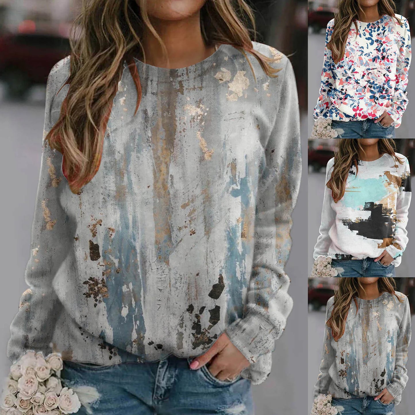 Women Casual Tie Dye Printing Sweatshirt Top Long Sleeved Sweatshirt Casual Pullover Top Color Sleeve