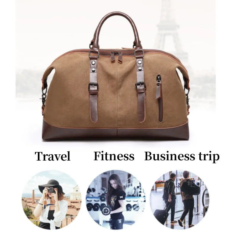 Canvas Travel Bag Men Simulation Leather PU Outdoor Luggage Travel Fitness Bag Large Capacity Tote Handbag Hiking Luggage Bag