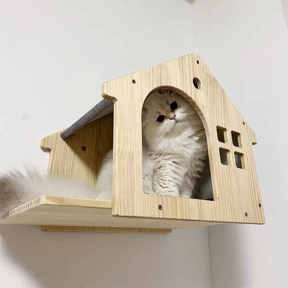 Wooden Cat House Climbing Floating Shelf Wall Mounted Kitten Villa for Sleeping and Resting Wall Furniture