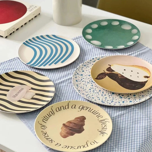 Dessert Plates Printed Round Bamboo Fiber Dishes for Serving Salad Cake Fruit Food Plate Kitchen Party Supplies 20CM