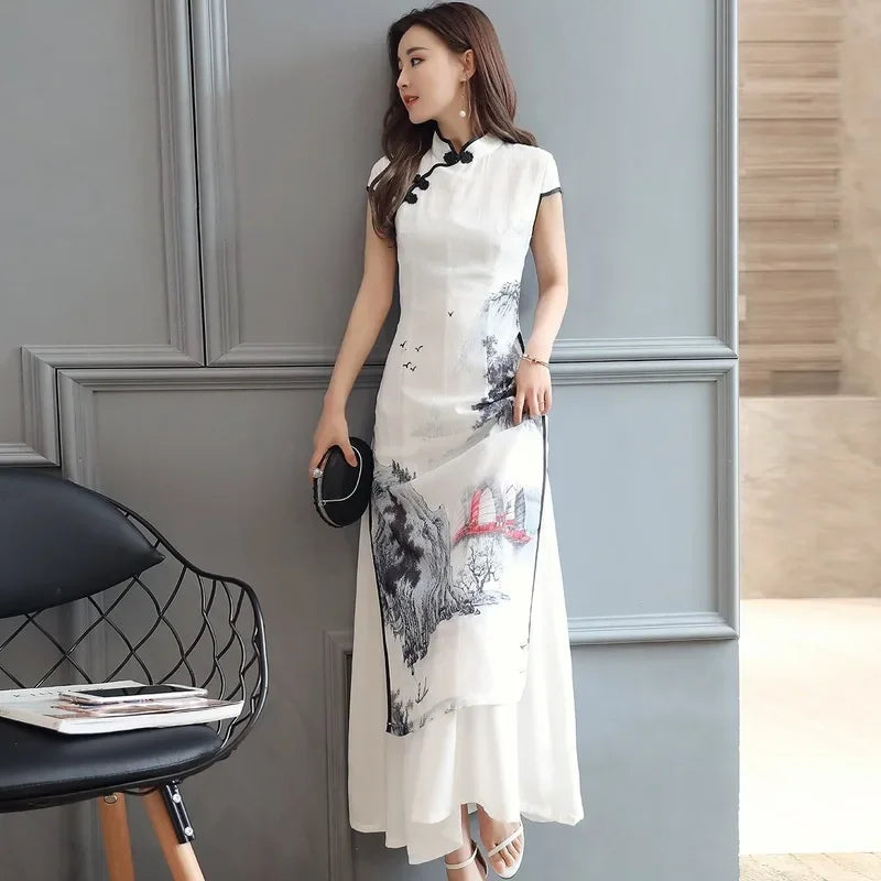 Summer Elegant Slim Women's Clothing Landscape Painting Cheongsam White Dress Qipao Chiffon Robe Vintage Chinese Style Dresses