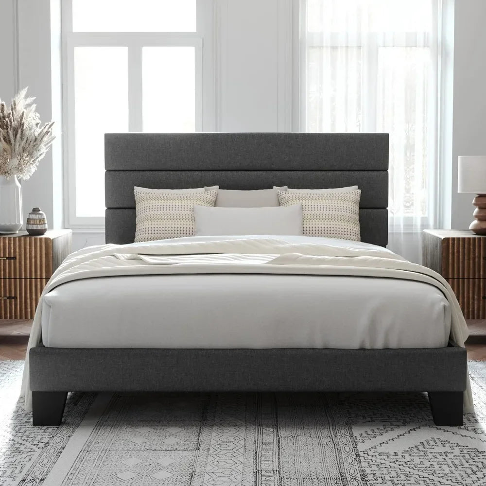 Queen Size Platform Bed Platform Bed Frame With Fabric Upholstered Headboard and Wooden Slats Support Bedroom Furniture King