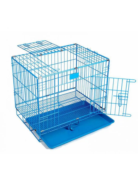 Folding Metal Dog Crate Foldable Pet Cat Cage Kennel Double-Door Easy Install Pink Blue S size for Small pet 45*30*38CM