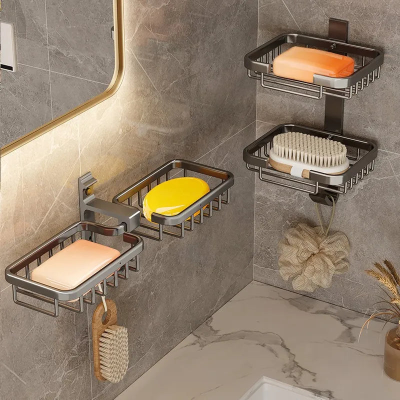 Wall Mounted Bathroom Soap Dish Holder Kitchen Sponge Storage Shelf Aluminum Self-adhesive Soap Box Basket Rack Home Organizer