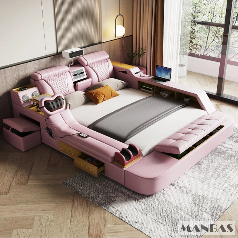 Linlamlim Tech Smart Bed - the Ultimate Multifunctional Bedframe with Genuine Leather, Massage, Speaker, Projector, Air Purifier