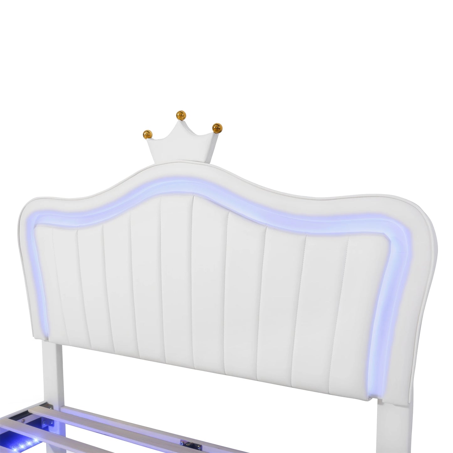 Queen/Full Size Upholstered Bed Frame with LED Lights Modern PU Princess Bed With Crown Headboard White/Pink[US-W]