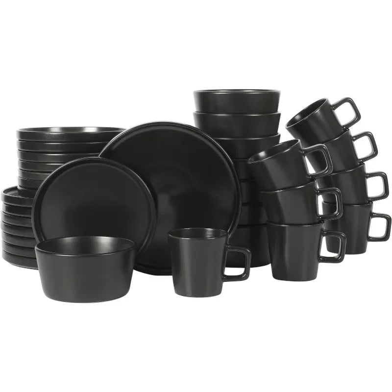 32 Piece Matte Black Stoneware Dinnerware Plates, Bowls, and Mugs Set - Service for 8