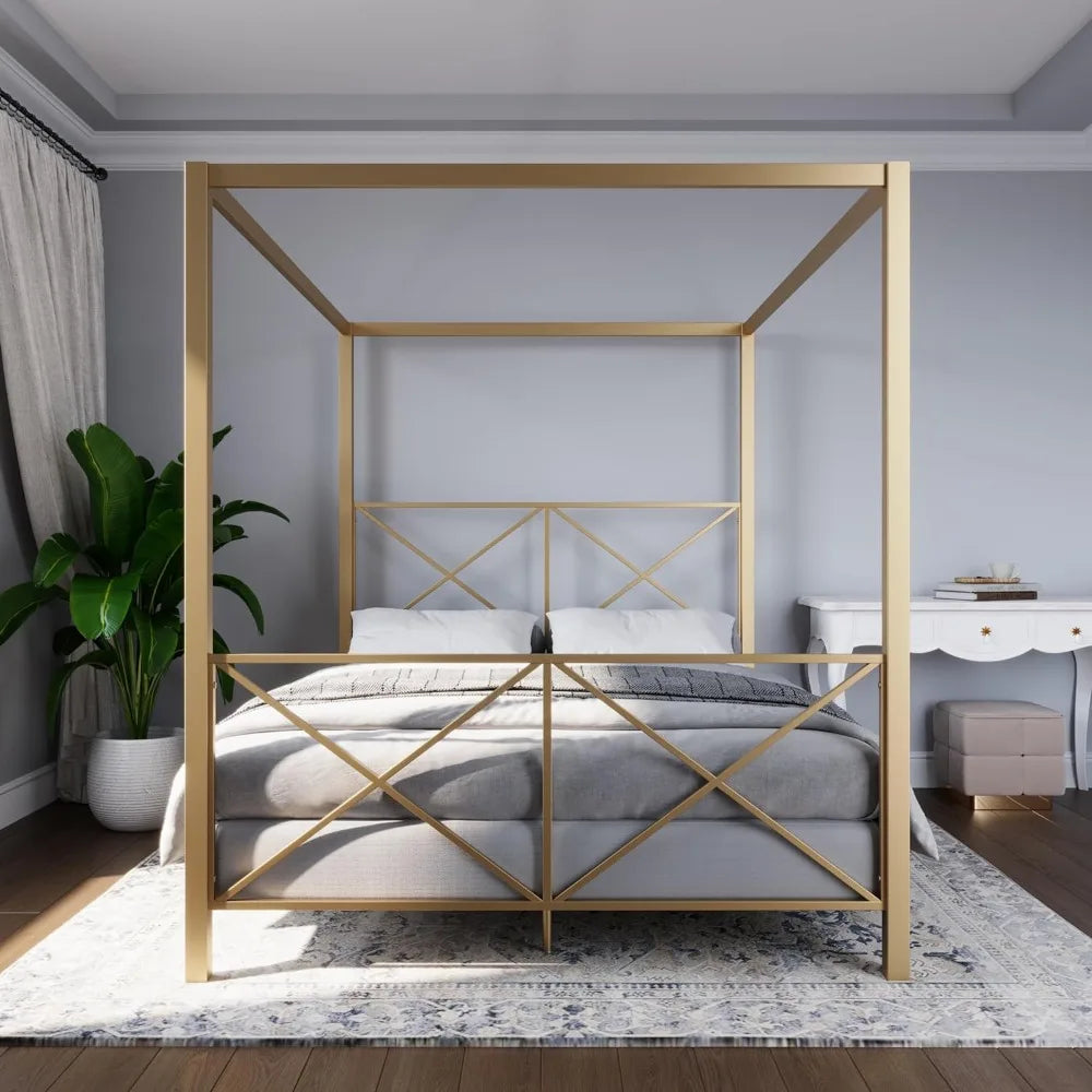 Rosedale Metal Canopy Bed Frame with Four Poster Design and Geometric Accented Headboard and Footboard, Underbed Storage