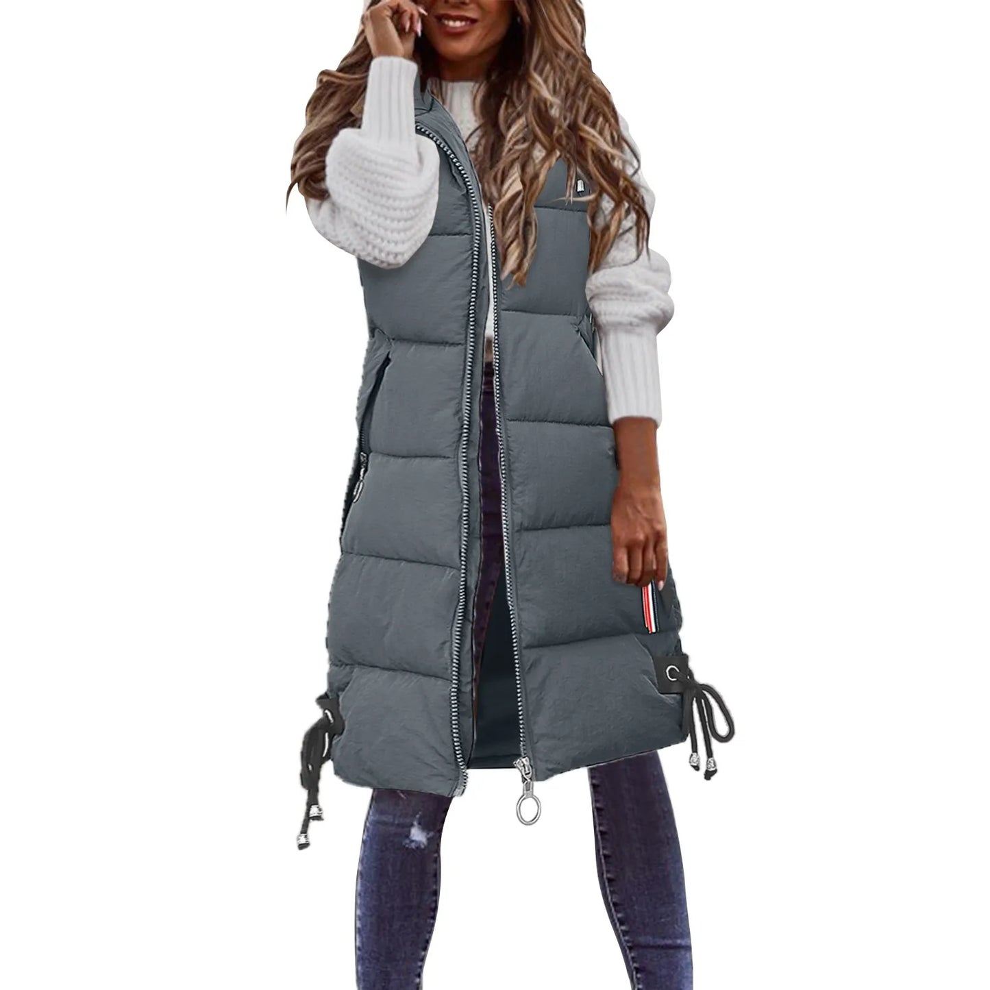 Women's Sleeveless Long Vest Jacket Solid Color Zipper Hooded Vests Waistcoat Loose Female Fashion Casual Winter Warm Coat