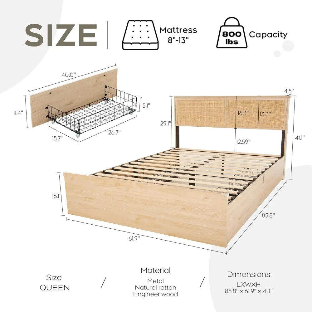 Queen Size Bed Frame with Natural Rattan Headboard and Wooden 4 Storage Drawers, Metal Platform with Strong Wooden Slats Support