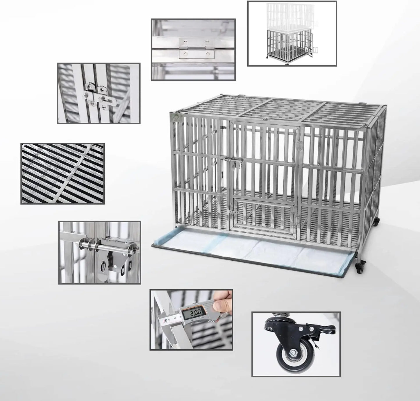 48" Stackable Heavy Duty Dog Crate Pet Stainless Steel Kennel Cage for Large Dogs with Tray in-Door Foldable