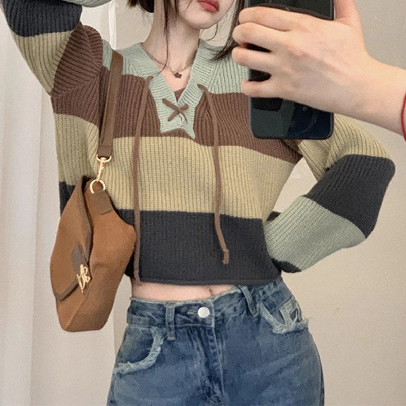 Biyaby Contrast Lace-Up V-Neck Sweater Ladies Preppy Style Basic Long Sleeve Knitted Pullovers Women 2023 Autumn Loose Knitwear