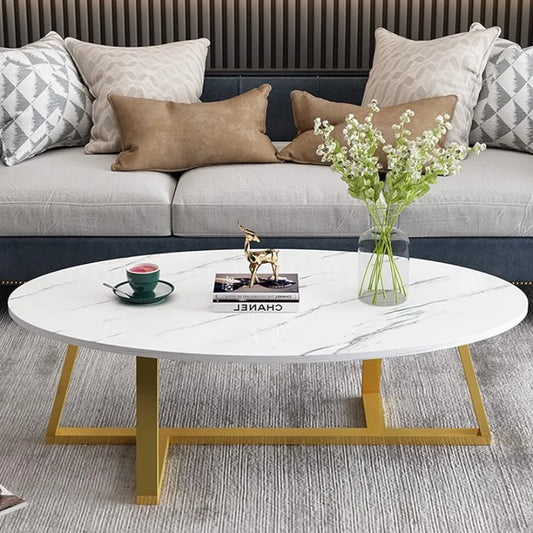 Oval Faux White Marble Coffee Table Wooden Gold Elliptic Modern Side End Table, White Marble Table