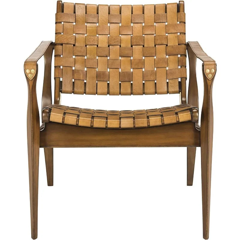 Couture Home Dilan Brown Leather Weave and Light Brown Safari Accent Chair