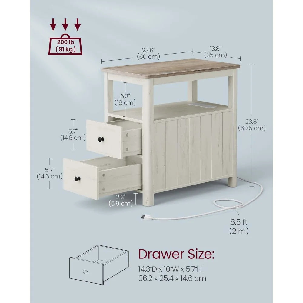 Side table, living room end table with charging station, 2 drawers, and storage room, household living room small coffee table