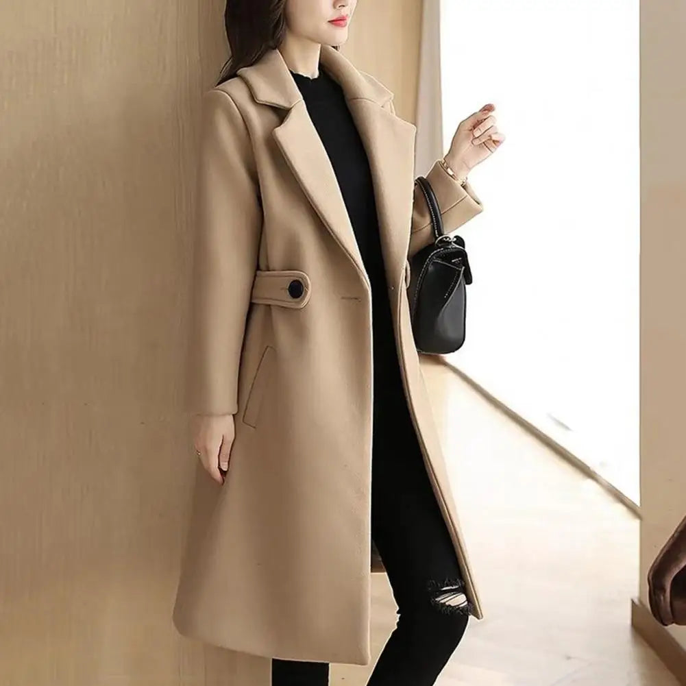 Women Overcoat Stylish Mid-length Women's Overcoat with Turn-down Collar Belted Button Closure Loose Fit for Fall Winter Winter