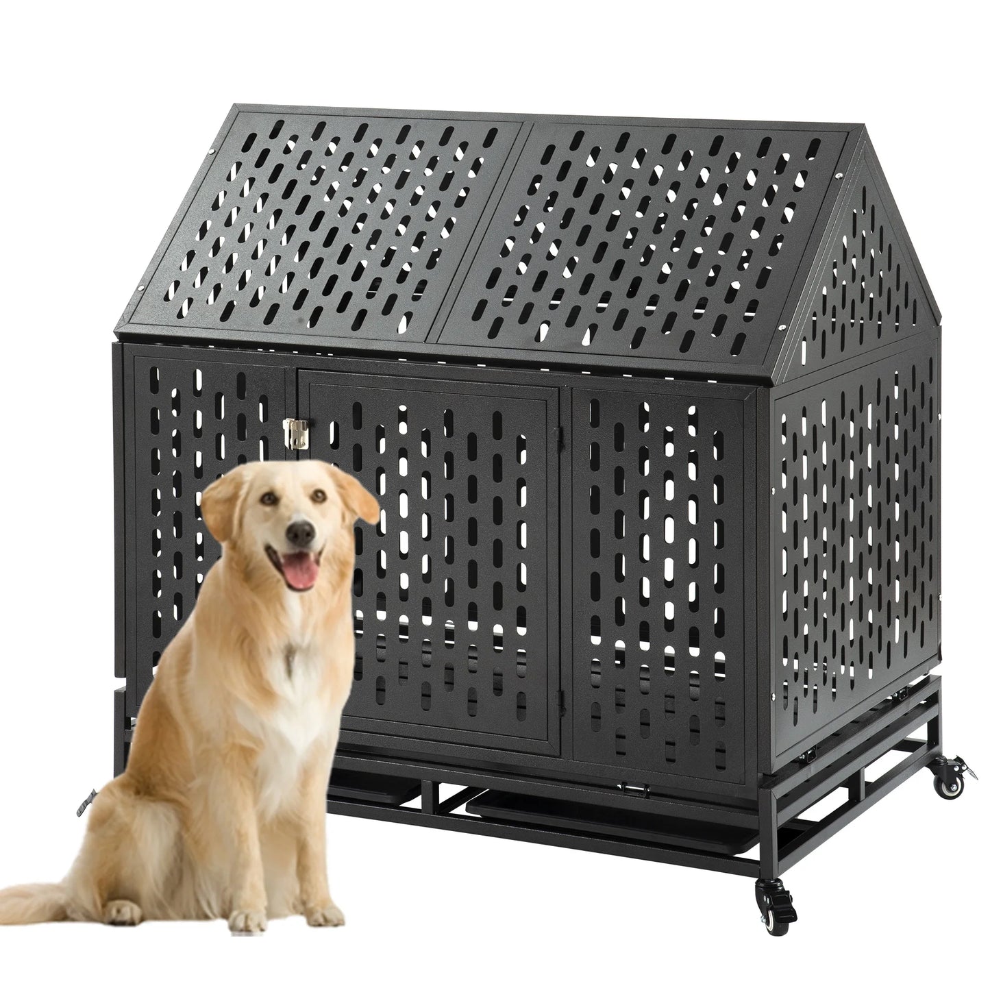 Heavy Duty Dog Crate Cage Kennel Strong Metal Plate Kennel Durable Indoor & Outdoor Kennel for Large Dogs roof Style