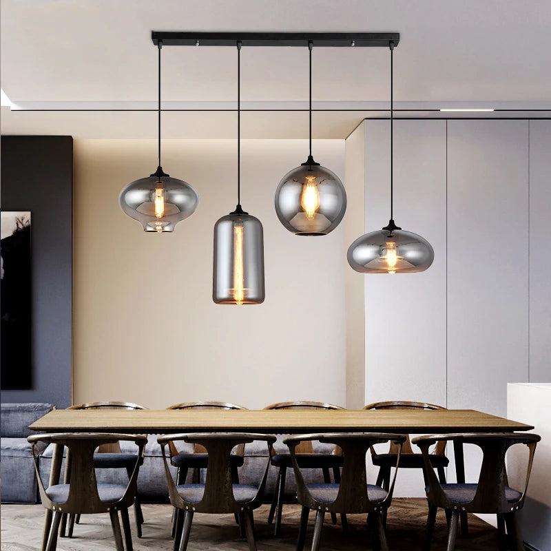 Retro Nordic Design LED Pendant Lamp For Dining Room Kitchen Table Bar Bedroom Art Black Gray Glass E27 Ceiling Chandelier Light